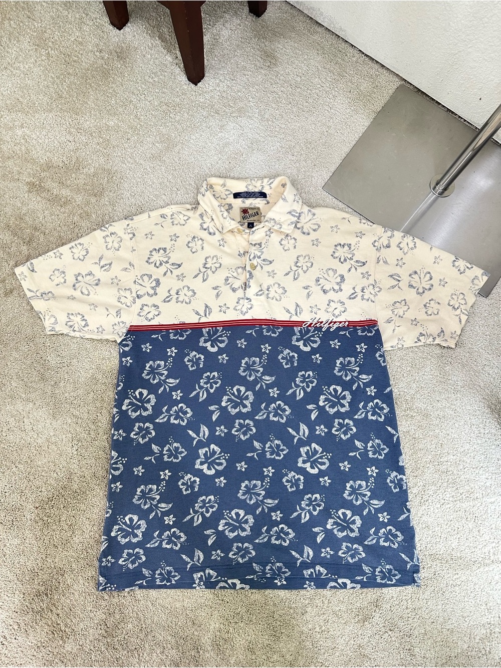 Tommy Hilfiger Two-Tone Floral Polo in Cream, Blue & Red Trim